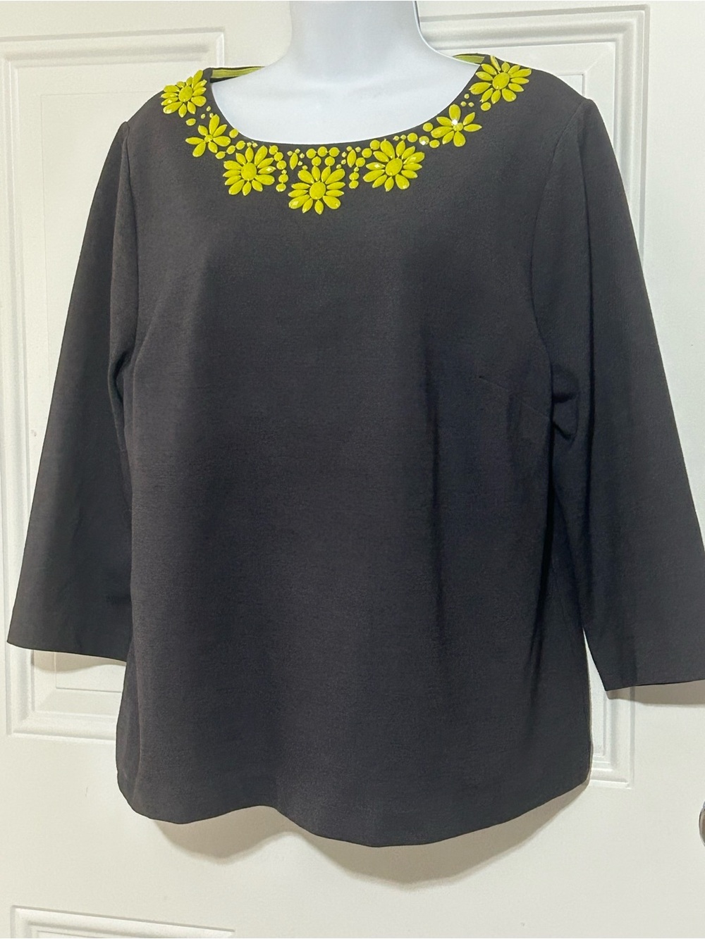 Boden Black Top with Yellow Floral Necklace Detail